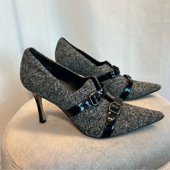 Manolo Blahnik Coupe tweed heels bootie black white patent leather buckle 41 - Picture 12 of 12